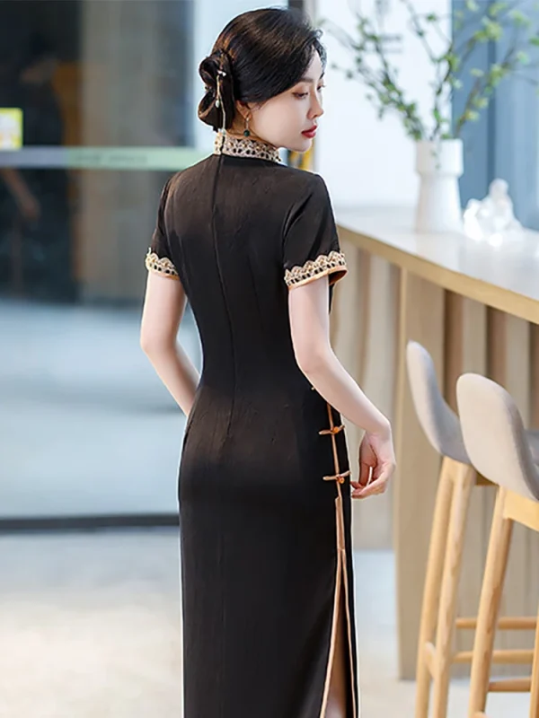 Kf S7e7d2eea3a0541a5825db43ce7f12fe6y Yourqipao 2023 Summer Long Slim Silk Black Cheongsam Catwalk Banquet Retro Elegant Qipao Chinese Style Evening Summer Long Slim Silk Black Cheongsam Catwalk Banquet Retro Elegant Qipao Chinese Style Evening Dress for Women