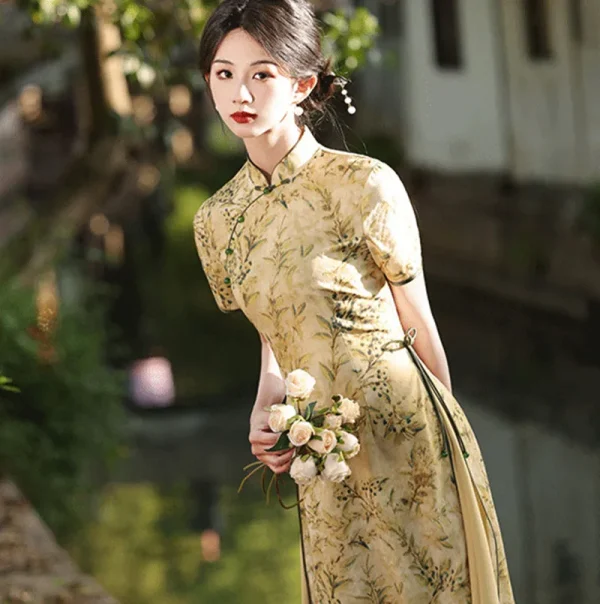 Kf S7fdcd3d16bd840b399f6406d070cc9c3h Mandarin Collar Chinese Style Short Sleeve Cheongsams Woman Traditional Dress Floral Print Aodai Qipao Mandarin Collar Chinese Style Short Sleeve Cheongsams Woman Traditional Dress Floral Print Aodai Qipao