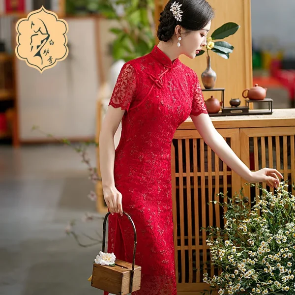 Kf S809896216ea94287ab2c0ebf5a567b2ac 2024 New Big Red Cheongsam Women S Short Sleeved Perspective Lace Evening Dress Slanted Placket Stand new big red cheongsam women's short sleeved perspective lace evening dress slanted placket stand collar improved version