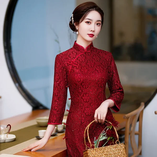 Kf S80bf967ba5614957899e5794cb637d8fk 2022 Spring Autumn Red Lace Cheongsam Bride Wedding Evening Dress Chinese Traditional Clothing Qipao Long Slit Spring Autumn Red Lace Cheongsam Bride Wedding Evening Dress Chinese Traditional Clothing Qipao Long Slit Dress for Women