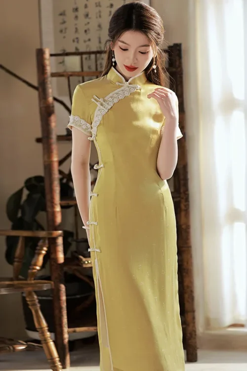 Kf S80dca2d07d514a93af2933914baeaaf5c Summer Vintage Short Sleeve Qipao Women Yellow Long Cheongsam Fashion Daily Dress Slim Party Costume Summer Vintage Short Sleeve Qipao Women Yellow Long Cheongsam Fashion Daily Dress Slim Party Costume