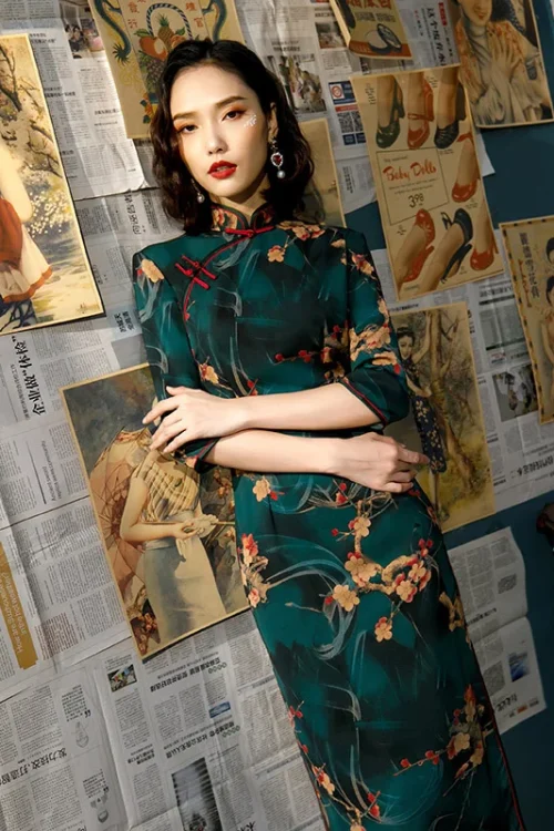 Kf S80f3855ad6ad4225823d15ff11e4db4ch 2022 Spring Chinese Traditional Dress Qipao Dark Green Elegant Retro Women Print Cheongsam Long Qi Pao Spring Chinese Traditional Dress Qipao Dark Green Elegant Retro Women Print Cheongsam Long Qi Pao Dresses Banquet Clothes