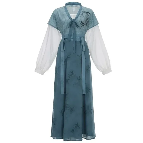 Kf S819aa25776314c28a783985a929b5f6ds 2024 Autumn Elegant Blue Bamboo Printed Long Sleeves Hanfu Dresses 3pcs Women S Improved Modern Casual Autumn Elegant Blue Bamboo Printed Long Sleeves Hanfu Dresses 3pcs Women's Improved Modern Casual Clothes Vestidos Chinos