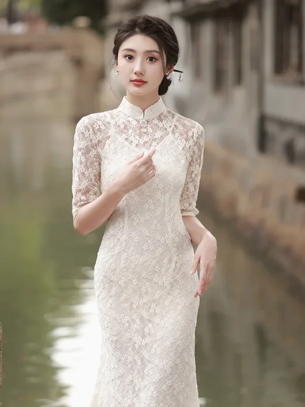 Kf S829e29f409344c0493963d0fb9496a8ev Cheongsam Dress Women S Slim Plus Size 2024 Spring Lace Hollow Splicing Stand Collar Chinese Style Cheongsam Dress Women's Slim Plus Size Spring Lace Hollow Splicing Stand Collar Chinese Style Qipao Fishtail Dresses Woman