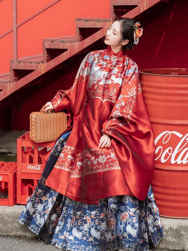 Kf S847c93c2f10648e4a765893b41f493480 Original Chinese Traditional Ming Dynasty Stand Up Collar Long Coat Woven Golden Horse Face Skirt Palace Original Chinese Traditional Ming Dynasty Stand-up Collar Long Coat Woven Golden Horse Face Skirt Palace Red Hanfu Suit Women