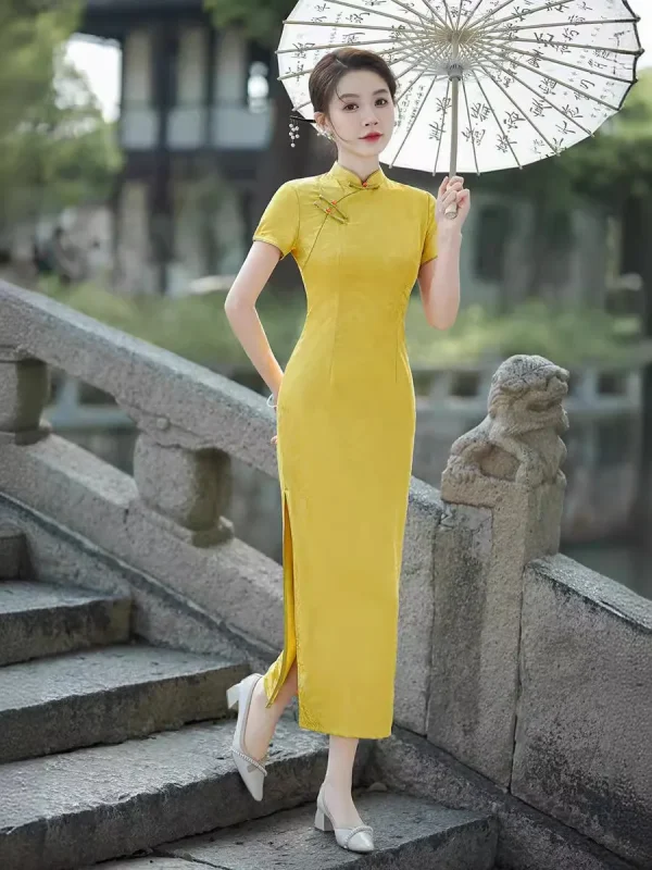 Kf S84a8d5123ce44cc4a18c6e1d6d8cc099h Yellow Qipao 2024 New Summer Retro Republic Jacquard Young Girl Style Improvement Dress Yellow Qipao New Summer Retro Yellow Cheongsam Improvement Dress