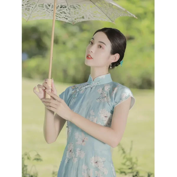 Kf S85791d9db93c40f98428d1df628c2971z Summer Vintage Blue Dress Women Elegant Cotton Linen Stand Collar Floral Printed Short Sleeve Cheongsam Qipao Summer Vintage Blue Dress Women Elegant Cotton Linen Stand Collar Floral Printed Short Sleeve Cheongsam Qipao Evening Dresses