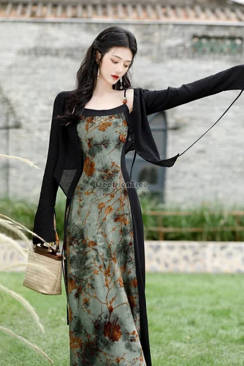 Kf S8692e677e33d49aeab90a42fd1b6a274x 2024 Chinese Style Vintage Modern Daily Hanfu Set Ink Tie Dye Slim Temperament Split Suspended Dress Chinese style vintage modern daily hanfu set ink tie-dye slim temperament split suspended dress elegant versatile cardigan