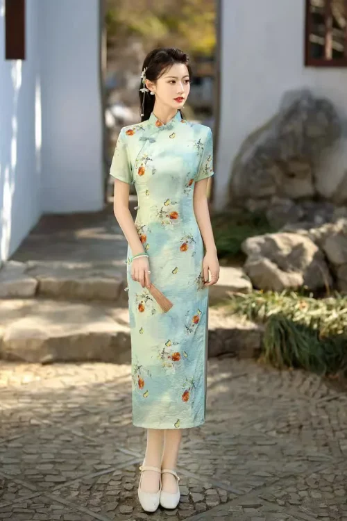 Kf S87118e26c8c5485abb0e86eebca10256d Chinese Women Mandarin Collar Cheongsam Lady Print Flower Long Qipao Elegant Short Sleeve Gown Chinese Women Mandarin Collar Cheongsam Lady Print Flower Long Qipao Elegant Short Sleeve Gown