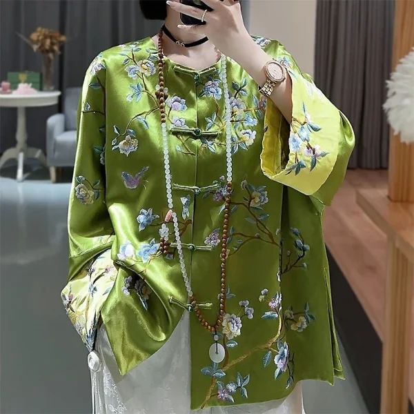 Kf S88aa2d80af9a476c89a32ac1b8ec91ccw Fashionable Chinese High End Satin Jacket Top For Women Elegant Embroidery Flower And Bird Painting Loose Fashionable Chinese High-end Satin Jacket Top for Women, Elegant Embroidery, Flower and Bird Painting, Loose Tang Jacket Women