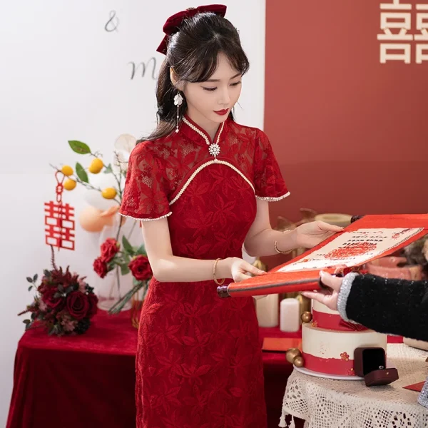 Kf S8a757b49ae084781b760ee5651bcce8am Bridal Wedding Banquet Cheongsam Chinese Traditional Red Qipao Short Sleeve Lace Dress For Women Clothing Bridal Wedding Banquet Cheongsam Chinese Traditional Red Qipao Short Sleeve Lace Dress for Women Clothing