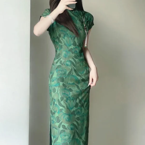 Kf S8a9327047d37492d955780023ed175c8s New Women Green Long Cheongsam Chinese Style Female Floral Dress Vintage Qipao Elegant Slim Evening Dresses New Women Green Long Cheongsam Chinese Style Female Floral Dress Vintage Qipao Elegant Slim Evening Dresses for Summer S to 2XL