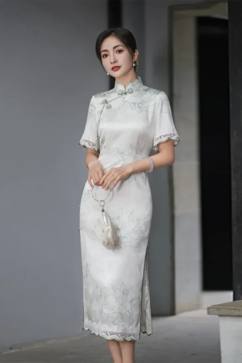 Kf S8b2eb8995aac41798a07db8a867fd258k High End Ruffle Sleeve High Quality Real Silk Dress Suzhou Silk White Cheongsam Qipao Women S High-End Ruffle Sleeve High Quality Real Silk Dress Suzhou Silk White Cheongsam Qipao Women's Summer Young Long Slightly Fat