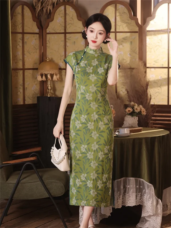 Kf S8c7338fed3de4f69b74fc0c00d194a8c5 Green Brocade Jacquard Qipao Summer Ladies Retro Republic Chinese Improved Young Style Elegant Temperament Slim Cheongsam Green Brocade Jacquard Qipao Summer Ladies Retro Republic Chinese Improved Young Style Elegant Temperament Slim Cheongsam Dress