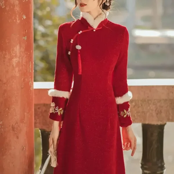 Kf S8cda9ccd508940169295c8f322c47355i Red Chinese New Year Cheongsam Women Thickened Long Sleeve Winter Dress Slim Elegant Chinese Traditional Qipao Red Chinese New Year Cheongsam Women Thickened Long Sleeve Winter Dress Slim Elegant Chinese Traditional Qipao S To XXL