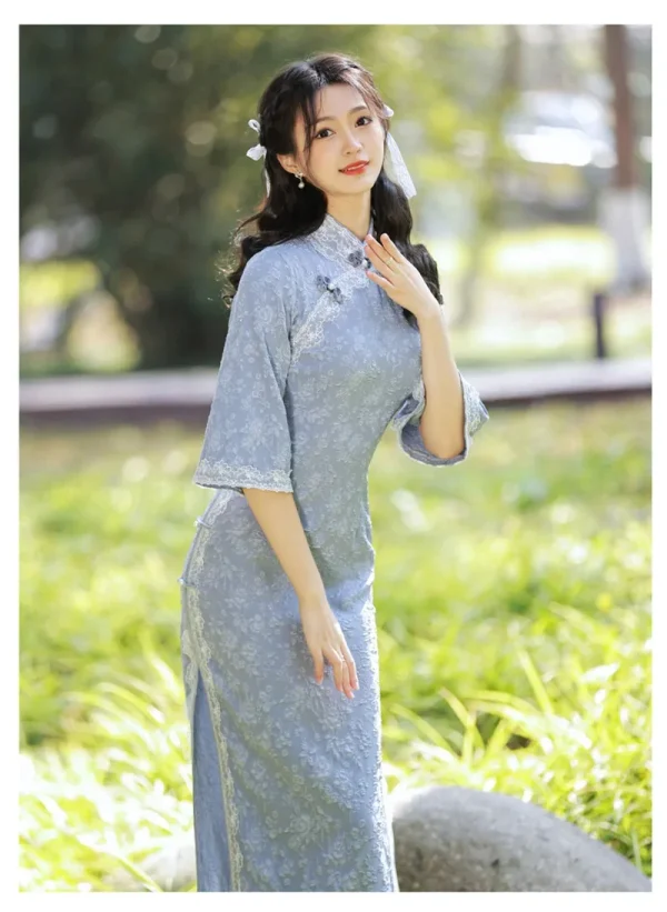 Kf S8d990b7882a44c4fba7a0814faa85024p Women Blue Improved Cheongsam High Fashion Slim Big Sleeve Autumn Lace Dress New Traditional Vintage Long Improved Cheongsam High-Fashion Slim Big Sleeve Autumn Lace Dress New Traditional Vintage Long Qipao S To 3XL