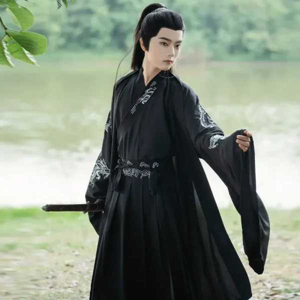 Kf S8dc73788a26c4d22a8975ce8aeddac09f Large Size 3xl Chinese Hanfu Men Carnival Archers Cosplay Costume Ancient Hanfu Black Shirt Skirt Coat Large Size 3XL Chinese Hanfu Men Carnival Archers Cosplay Costume Ancient Hanfu Black Shirt+Skirt+Coat Set For Men Plus Size