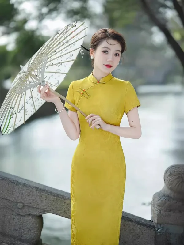 Kf S8f3a376b436e4b7683b9239c185cfd72f Yellow Qipao 2024 New Summer Retro Republic Jacquard Young Girl Style Improvement Dress Yellow Qipao New Summer Retro Yellow Cheongsam Improvement Dress