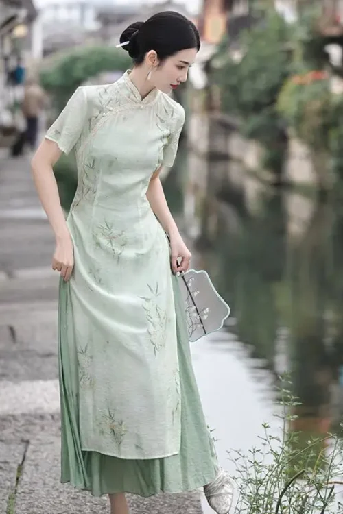 Kf S96e1d9286a8440709e1c99c8591b6eadi Retro Chinese Style Short Sleeve Qipao Two Piece Set Women New Chinese Style Green Improved Cheongsam Retro Chinese Style Short Sleeve Qipao Two-piece Set Women New Chinese Style Green Improved Cheongsam Summer Long Dresses