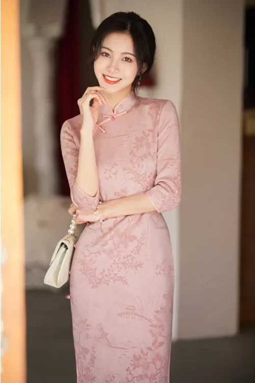 Kf S980755d9c65449fb904477f5da528a51c Pink Blue Seven Quarter Sleeve Cheongsam 2022 New Mid Length Autumn Chinese Style Young Girl Improved Pink Blue Seven-Quarter Sleeve Cheongsam 2022 New Mid-Length Autumn Chinese Style Young Girl Improved Qipao Dress For Women