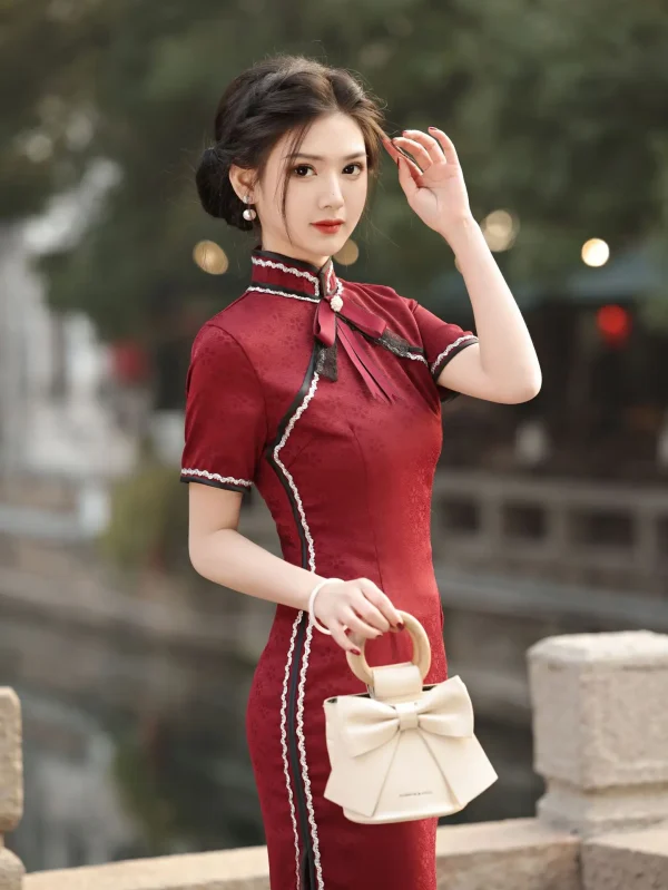 Kf S9b155bd080a1496fb0989d7de56e8e3cr Spring Summer New Mom S Long Cheongsam Wine Red Qipao Lace Retro Art Style Bow Cheongsam Spring Summer New Mom's Long Cheongsam Wine Red Qipao Lace Retro Art Style Bow Cheongsam ng Art Slimming Qipao