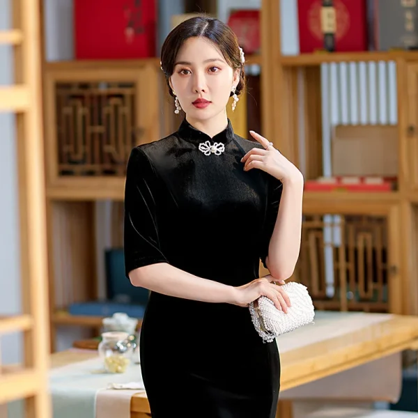 Kf S9d34025eb81a41f4801b2066bac02666t 2022 Autumn New Black Cheongsam Slim Stand Collar Velvet Chinese Traditional Style Retro Fishtail Grace Dress Cheongsam Slim Stand Collar Velvet Chinese Traditional Style Retro Fishtail Grace Dress Qipao for Women