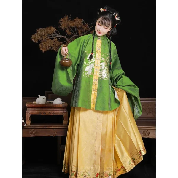 Kf S9f083a29906a44c79e9c3ef927be9066i Shanggongyu Ming Dynasty Rabbit Embroidered Hanfu Top For Women Green Stand Collar Jacquard Woven Gold Large Ming Dynasty Rabbit Embroidered Hanfu Top For Women Green Stand Collar Jacquard Woven Gold Large Sleeve Hanfu Shirt