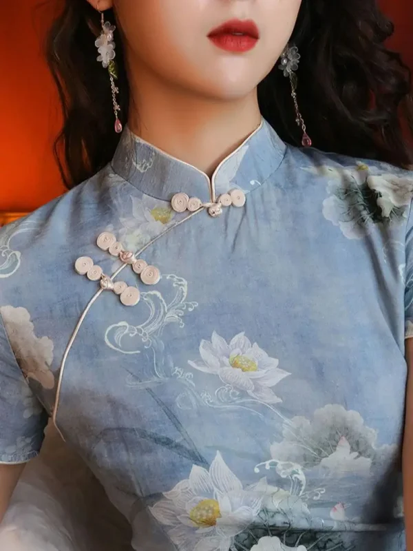 Kf S9f927056c9694de7a006c6264a3d99fdj 2022 Women Lotus Cheongsam Summer Floral Short Sleeve Vintage Blue Dress Slim Female Costumes Qipao Chinese Women Lotus Cheongsam Summer Floral Short Sleeve Vintage Blue Dress Slim Female Costumes Qipao Chinese Dress Girl Modern