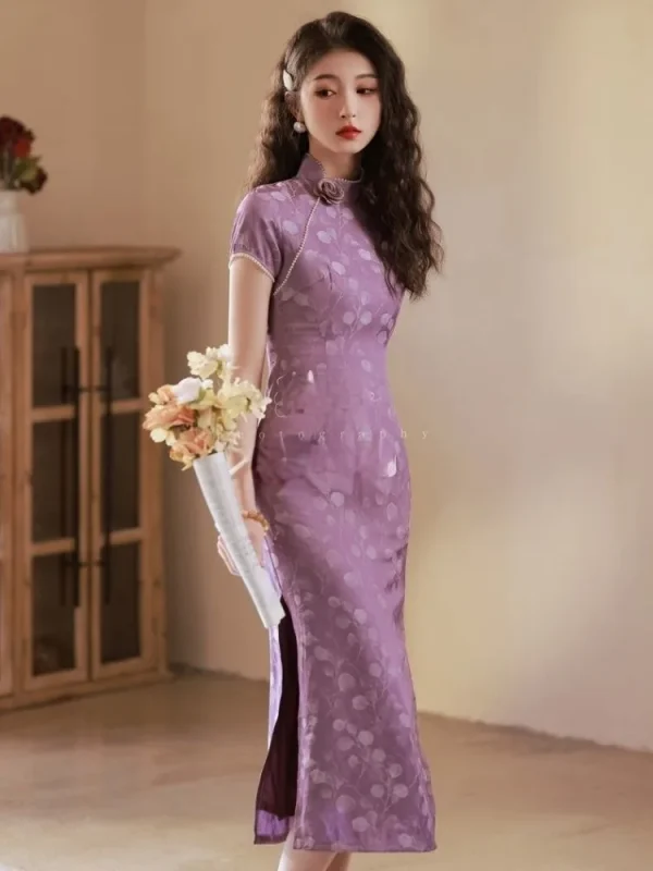 Kf Sa03955ccb89a44b4ac90c44f68e0db48e Purple Qipao 2024 Cheongsam Chinese Dress Summer Short Sleeve Camellia Flower Traditional Girl Elegant Women S Purple Qipao Cheongsam Chinese Dress Summer Short Sleeve Camellia Flower Traditional Girl Elegant Women's Clothing