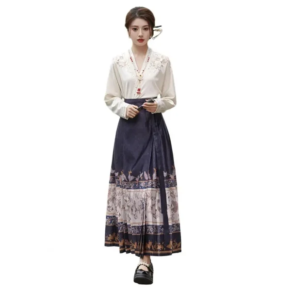 Kf Sa42b0039be9a41cc85f792d197d89b28l Elegant Long Skirt Suit Women S Floral Embroidered Hanfu Costume Set With Horse Face Skirt V Elegant Long Skirt Suit Women's Floral Embroidered Hanfu Costume Set with Horse-face Skirt V Neck Top Lace-up for Mamianqun