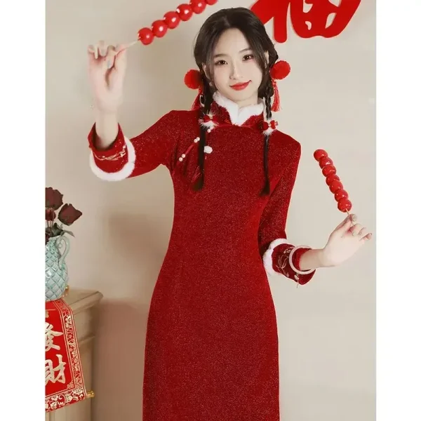 Kf Sa5e13fd02a47438aa6371576edad04f0g 2023 Red Cheongsam Modern Chinese Dress For Girls New Year A Line Dress Women Qipao Traditional Red Cheongsam Modern Chinese Dress for Girls New Year A-line Dress Women Qipao Traditional Chinese Improved Cheongsam Dress