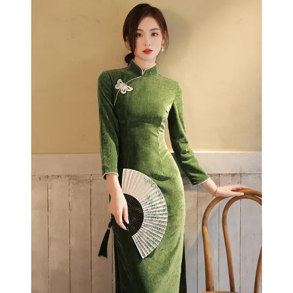 Kf Sa66ed0e05b24469c823824d2614cda4cw Velvet Qipao Evening Dresses Green Silk Cheongsam Dress Printing Large Size Cheongsams Chinese Traditional Oriental Long Qipao Evening Dresses Green Silk Cheongsam Dress Printing Large Size Cheongsams Chinese Traditional Oriental Long Dress