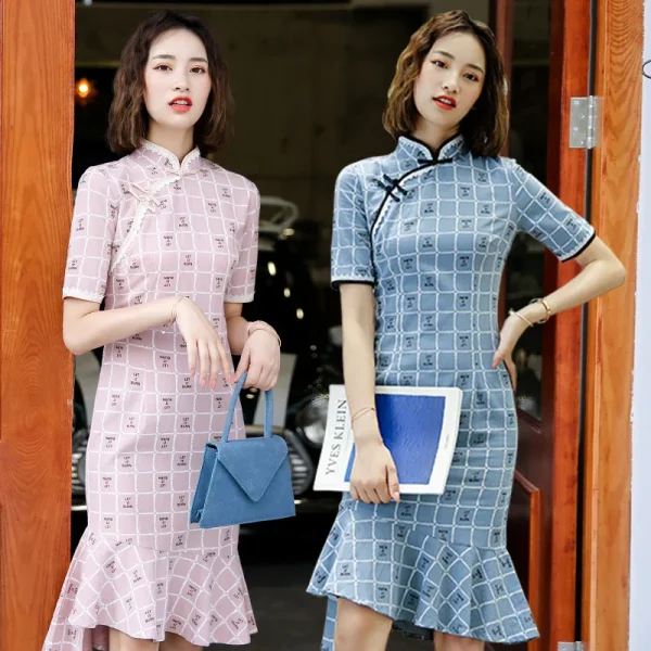 Kf Sa6c6d23f4e2046509ff5104a1b058c7b9 2023 Women Pink Blue Vintage Checkered Dress Plus Size Cheongsam Fishtail Dresses Slim Qipao S To Women Pink Blue Vintage Checkered Dress Plus Size Cheongsam Fishtail Dresses Slim Qipao S To 3XL Novelty Costume