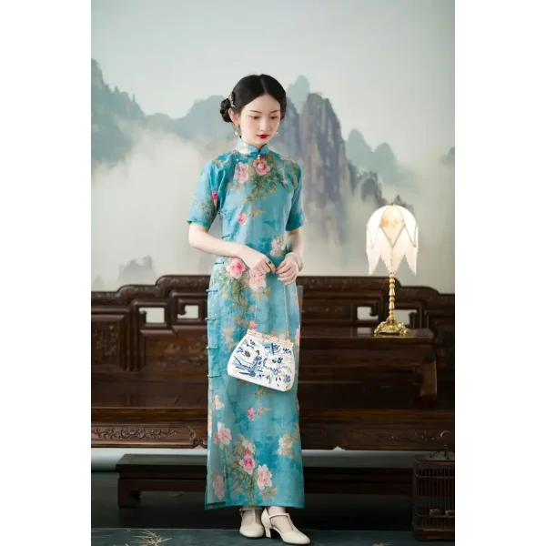 Kf Sa72bca1392904c6a807af590f781b9820 Summer Chinese Style Women Elegant Printed Cotton Linen Retro Qipao Buttoned Loose Blue Traditional Cheongsam Long Summer Chinese Style Women Elegant Printed Cotton Linen Retro Qipao Buttoned Loose Blue Traditional Cheongsam Long Dress Robe