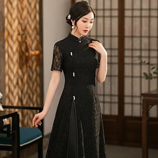 Kf Sa7de225c86104bf3bd373467fbedec092 Black A Line Chinese Qipao Dress For Women Short Sleeve Lace Improved Aodai Cheongsam Formal Party Black A-Line Chinese Qipao Dress For Women Short Sleeve Lace Improved Aodai Cheongsam Formal Party Gown Full Slip Lace Vestidos