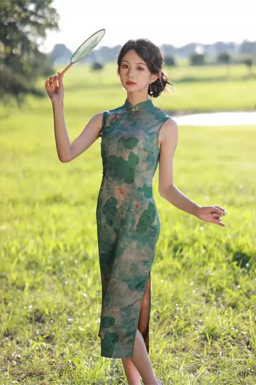 Kf Sa8783db0c0c14de2ac1d3954a4aed2eaf Summer New Jacquard Print Sleeveless Cheongsam Mid Length Green Lotus Split Retro Dress Female Qipao Vestidos Summer New Jacquard Print Sleeveless Cheongsam Mid-length Green Lotus Split Retro Dress Female Qipao Vestidos Evening Party Gown