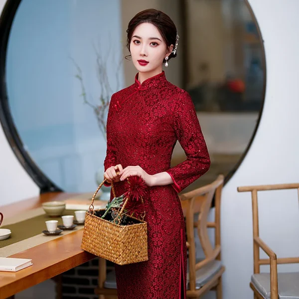 Kf Sa87b3b0b7d6a4f63b41d615cd77d70bbm 2022 Spring Autumn Red Lace Cheongsam Bride Wedding Evening Dress Chinese Traditional Clothing Qipao Long Slit Spring Autumn Red Lace Cheongsam Bride Wedding Evening Dress Chinese Traditional Clothing Qipao Long Slit Dress for Women