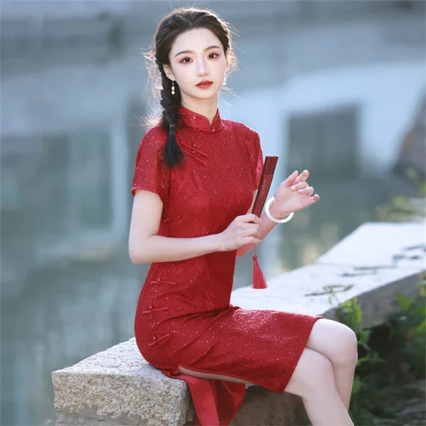 Kf Sa9e1f88b6f2948e9af66bc99088852e6j Red Lace Improved Cheongsam Toast Dress Bridal Wedding Banquet Chinese Style Comfort Elegant Qipao Female Slim Red Lace Improved Cheongsam Toast Dress Bridal Wedding Banquet Chinese Style Comfort Elegant Qipao Female Slim Split Party Gown