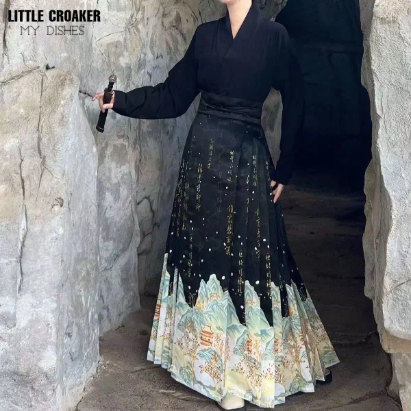 Kf Saa024a8f6ff146f88dd5e307076019406 Black Fashion Print Horse Face Skirt Mamianqun Set Modified Hanfu Daily Commuter Dress Women Chinese Style Black Fashion Print Horse Face Skirt Mamianqun Set Modified Hanfu Daily Commuter Dress Women Chinese Style Clothes Woman