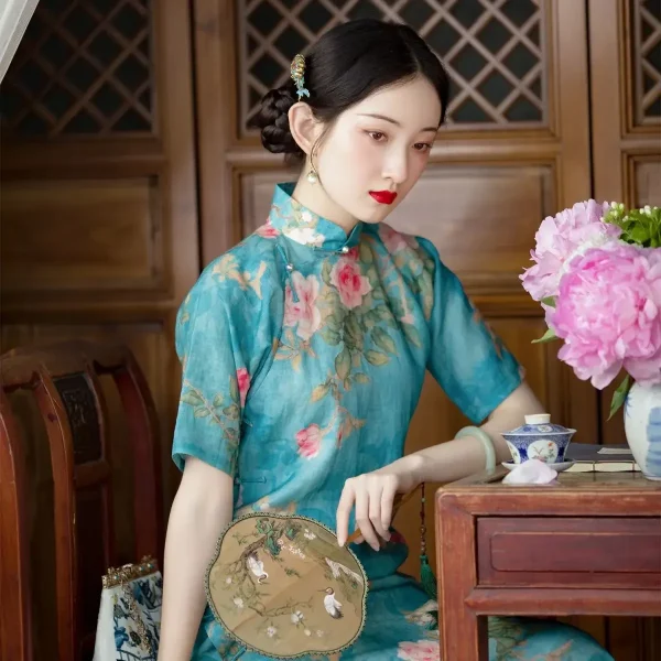 Kf Sad15f7287d0b44d382f4eb524419f2d6r Summer Chinese Style Women Elegant Printed Cotton Linen Retro Qipao Buttoned Loose Blue Traditional Cheongsam Long Summer Chinese Style Women Elegant Printed Cotton Linen Retro Qipao Buttoned Loose Blue Traditional Cheongsam Long Dress Robe