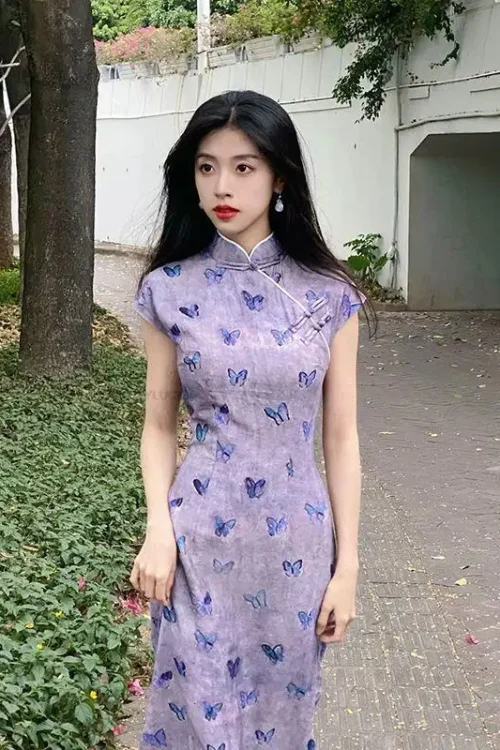 Dama Vintage cinese Qipao Migliorato Qipao Stile Nazionale Abito Hanfu Cinese Cheongsam Abito Giornaliero Viola