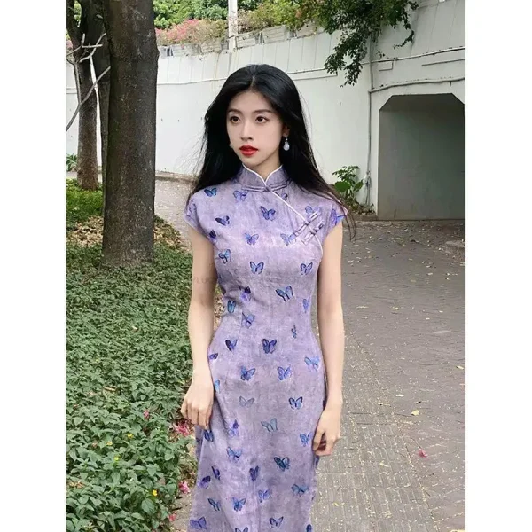 Dame Vintage chinoise Qipao Amélioré Qipao Style National Robe Hanfu Chinoise Cheongsam Robe Quotidienne Violette