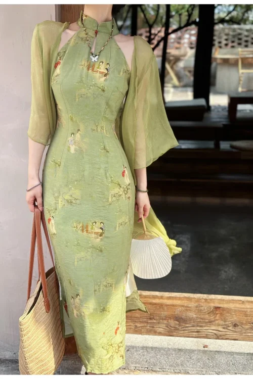 Kf Sae0510ccf7c446b7bff843b5779ed8e3e Women Spring and Summer Cheongsam Original New Chinese Classical Hanging Cicpao Long Neck Dress Cool Green Improved Qipao