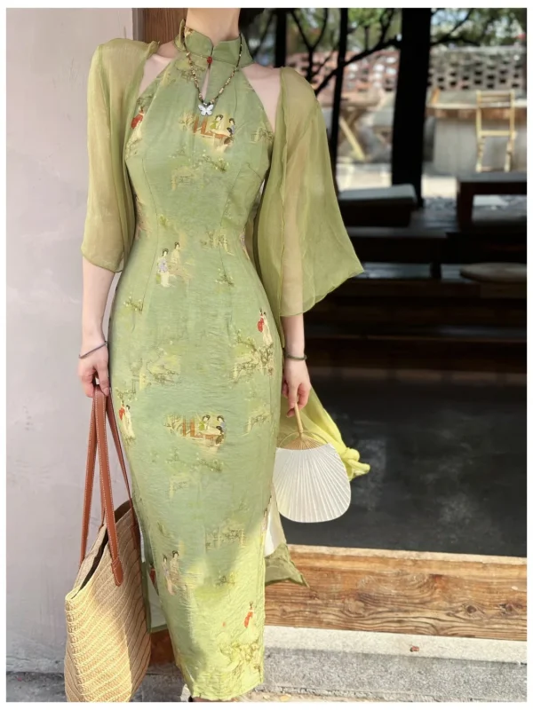 Kf Sae0510ccf7c446b7bff843b5779ed8e3e Women Spring and Summer Cheongsam Original New Chinese Classical Hanging Cicpao Long Neck Dress Cool Green Improved Qipao