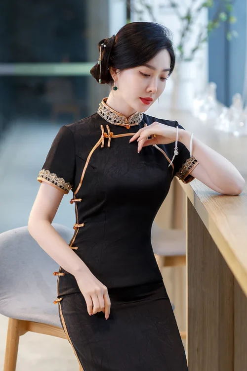 Kf Sae0b280aeac941d3a849b578124256e0a Yourqipao 2023 Summer Long Slim Silk Black Cheongsam Catwalk Banquet Retro Elegant Qipao Chinese Style Evening Summer Long Slim Silk Black Cheongsam Catwalk Banquet Retro Elegant Qipao Chinese Style Evening Dress for Women