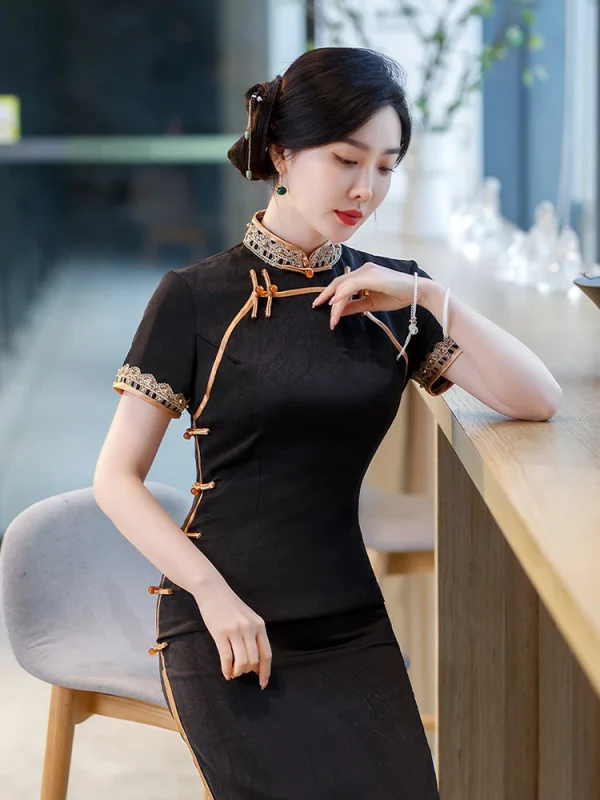 Kf Sae0b280aeac941d3a849b578124256e0a Yourqipao 2023 Summer Long Slim Silk Black Cheongsam Catwalk Banquet Retro Elegant Qipao Chinese Style Evening Summer Long Slim Silk Black Cheongsam Catwalk Banquet Retro Elegant Qipao Chinese Style Evening Dress for Women