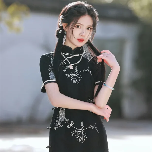 Kf Sae12adefa8f943f0b3c111728bf0e79do 2023 Summer New Black Lace Embroidery Cheongsam Dress Women Mid Long Dresses Slim Vintage Improved Qipao Summer New Black Lace Embroidery Cheongsam Dress Women Mid Long Dresses Slim Vintage Improved Qipao S To 3XL