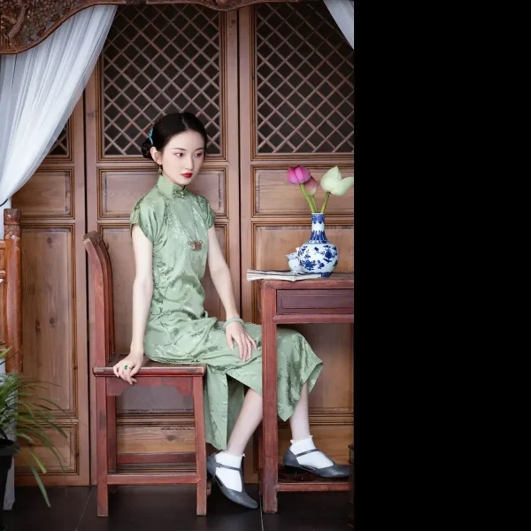 Kf Saf73743035e04af5b2ab57d88d528cf38 Summer Satin Chinese Women Leaf Wedding Qipao Vintage Mandarin Collar Green Casual Cheongsam Short Sleeve Evening Summer Satin Chinese Women Leaf Wedding Qipao Vintage Mandarin Collar Green Casual Cheongsam Short Sleeve Evening Midi Dress