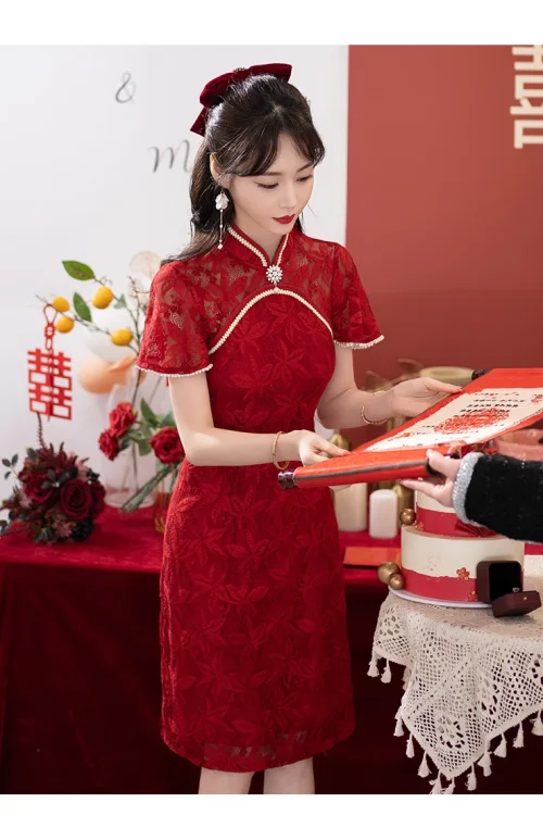 Kf Safa17d47fc7e453eb85f1aa3bc0e9209r Bridal Wedding Banquet Cheongsam Chinese Traditional Red Qipao Short Sleeve Lace Dress for Women Clothing