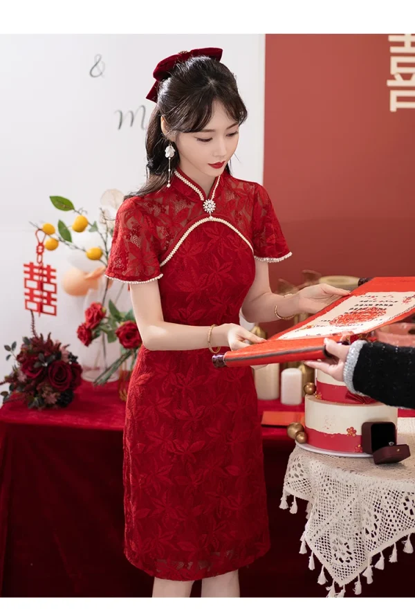 Kf Safa17d47fc7e453eb85f1aa3bc0e9209r Bridal Wedding Banquet Cheongsam Chinese Traditional Red Qipao Short Sleeve Lace Dress for Women Clothing